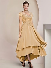 economico Lunghezza del pavimento-Abito A-line Madre della Sposa Abito Ospite di Matrimonio Formale Elegante Alto-Basso Collo a Barchetta Asimmetrico Lunghezza Tea Chiffon Pizzo Manica Corto con Applicazioni in Paillettes 2025 taglia