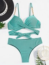 billige Bikinisett-Dame Badetøy Bikini 2 stk Frekk Badedrakt Åpen rygg Tynn Ferie Strand Klær Stripe V-hals Ermeløs Badedrakter