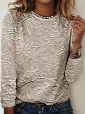 Женская футболка с круглым вырезом длинным рукавом туника цветочная повседневная обычные топы повседневная принт бежевый весна осень Недорогие Простая футболка-Женская футболка с круглым вырезом длинным рукавом туника цветочная повседневная обычные топы повседневная принт бежевый весна осень