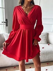 cheap Cocktail Dress-Women&#039;s Mini Dress Casual Dress A Line Dress Stylish Casual Vacation Daily Regular Fit Plain Long Sleeve V Neck Black Red Summer Spring