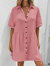 abordables Robe Simple-Robe-chemise courte pour femme, basique, décontractée, pour le quotidien, les vacances, coupe classique, manches courtes, col, noir, rose, abricot, été