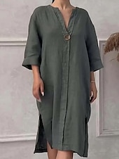 preiswerte Kleider-Damen Langes Kleid Maxikleid Leinen-inspirierte Kleider Freizeitkleid Stilvoll Lässig Urlaub Täglich Date Normale Passform Einfach Langarm V Ausschnitt Schwarz Hellgrün Rosa Rote Sommer Frühling