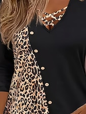billige Kvinnenes Kunst &amp; Design Topper-Dame Bluse Leopard Stilfull Fritid Langermet V-hals Vanlige topper Daglig Lapper Trykt mønster Svart Sommer Høst