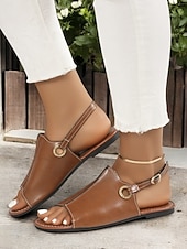 preiswerte Flache Sandalen-braune offene Sandalen aus Kunstleder für Damen – lässige Slingback-Flats mit Strass-Schnalle für den Sommer &amp; den Alltag