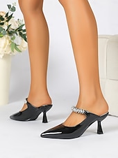 cheap Kitten Heels-Women&#039;s Rhinestone Embellished Pointed-Toe Slip-On Heeled Mules – Elegant Party and Formal Shoes for Evening Events and Weddings