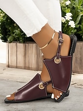 preiswerte Flache Sandalen-braune offene Sandalen aus Kunstleder für Damen – lässige Slingback-Flats mit Strass-Schnalle für den Sommer &amp; den Alltag