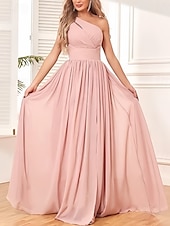 baratos Vestidos para Madrinhas-vestido de dama de honra em corte A, um ombro, sem mangas, elegante, longo, chiffon, com pregas / frente aberta / franzido 2025