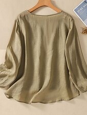 abordables Chemises-Femmes Chemise Chemisier Chemises en coton et lin Couleur Unie Basique Occasionnel manche longue Col ras du cou Hauts Réguliers Quotidien Broderie Blanche Rose Claire Fuchsia Vert Été Printemps