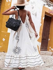 tanie Wakacyjne sukienki-Damskie Sukienka maxi Codzienne sukienki Sukienka A line Elegancja Elegancki Codzienny Urlop Codzienny Plaża Luźna Graficzny Bez rękawów Pasek Biały Jasnoniebieski Lato Wiosna
