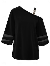 preiswerte Damen Einfache Oberteile-Damen Hemd Bluse Glatt Stilvoll Brautkleider schlicht 3/4 Ärmel kalte Schulter Normale Oberteile Täglich Patchwork Schwarz Blau Sommer Frühling
