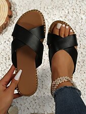 olcso Női szandálok-fekete keresztpántos lapos csúszó szandál nőknek - lezser nyári slip-on kényelmes talppal