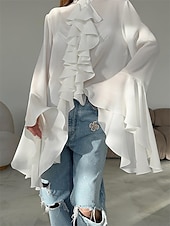 Недорогие Нарядные блузки-Жен. Рубашка Блуза Оборки Сплошной цвет Элегантный стиль Стиль На каждый день Длинный рукав Вырез под горло Обычные топы Повседневные Офис Праздники Черный Белый Весна Осень Зима