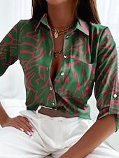 billige Kvinne Grafiske Topper-Dame Skjorte Bluse Blomstret Geometrisk Stilfull Fritid Langermet Skjortekrage Vanlige topper Daglig Knapper Trykt mønster Svart Blå Grønn Sommer Vår