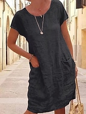 cheap Design Cotton &amp; Linen Dresses-Women&#039;s Mini Dress Cotton Linen Dresses Casual Dress T Shirt Dress Tee Dress Basic Casual Vacation Daily Regular Fit Plain Short Sleeve Crew Neck Black Blue Khaki Gray Summer