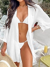 preiswerte Strandkleider-Damen Badeanzug Zudecken Schwimm-Kleid Bademode Knopf Tasche Urlaub Strandbekleidung Feste Farbe V Ausschnitt Langarm Badeanzüge