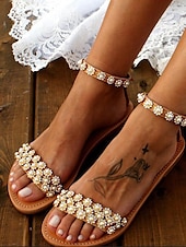 levne Neformální-Boho chic květinové ploché sandály z korálků s páskem ke kotníkům pro dámské letní outfity a svatby