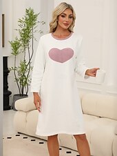 cheap Women&#039;s Nightgowns &amp; Sleepshirts-Women&#039;s Pajamas Loungewear Nightgown Simple Casual Comfort Heart Patchwork Home Gift Daily Long Sleeve Crew Neck White Spring Fall Winter Loose Fit