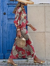 abordables Ensembles chemisiers pour femmes-Femme Robe Ensemble Robe casual Jupe Ensemble Décontractées Léopard Imprimer Robe Maxi Manches 3/4 Col V Extérieur du quotidien Fuchsia Eté Printemps Standard