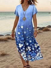 cheap Floral Dress-Women&#039;s Maxi Dress Sundress Shift Dress Stylish Casual Drop Shoulder Vacation Daily Regular Fit Floral Short Sleeve V Neck Blue Spring Fall