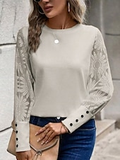 cheap Lace Tops-Women&#039;s White Elegant Lace Tops Eyelet Blouse Dressy Tops Elegant Lace Buttons Long Sleeve Crew Neck Daily Romantic Petite Tops Summer Holiday Wear Pink Khaki Summer Semi Formal Blouses