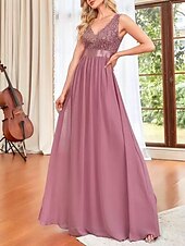 cheap Bridesmaid Dresses-A-Line Bridesmaid Dress V Neck Sleeveless Pink Floor Length Chiffon / Spandex / Shantung with Sash / Ribbon / Sequin / Draping 2022