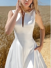 economico Abiti bianchi-Impegno Piccola Laurea Abiti Bianchi Vestiti da Sposa A-Line Scollo a Barca Senza Maniche Lungo al Ginocchio Abiti da Sposa in Raso Con Pieghe 2025