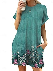 levne Boho šaty-Dámské Mini šaty Volnočasové šaty Tričkové šaty Boho šaty stylové Na běžné nošení Dovolená Denní Běžný Květinový S lístky Krátký rukáv Tričkový Vodní modrá Hnědá Trávová zelená Léto