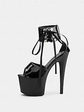 cheap Dress Sandals-Black Patent Leather Platform Sandals with Lace-Up Ankle Straps – Sexy Women&#039;s High Heel Shoes for Club and Dance
