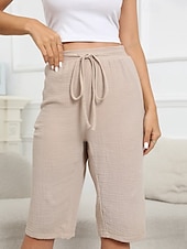 billiga Shorts i bomullslinne-Dam Shorts i bomullslinne Shorts Lättvikt Ledigt Knelängd Mellanhög midja Slät Ficka Snörning Mateial som andas Bekväm Oelastisk Ledigt / vardag Helgen Marin Svart Vit Kaki Sommar Vår Normal