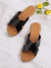 olcso Női szandálok-fekete keresztpántos lapos csúszó szandál nőknek - lezser nyári slip-on kényelmes talppal