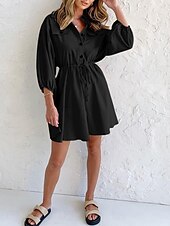 economico disegnare abiti in cotone e lino-Per donna Mini Abito Abiti in cotone e lino Abito Camicia Vestito Casual Essenziale Casual Vacanza Quotidiano Vestibilità regolare Semplice Manica 3/4 Colletto a Camicia Nero Cachi Estate