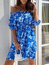 cheap Vacation Dresses-Women&#039;s Mini Dress Casual Dress A Line Dress Stylish Casual Vacation Daily Regular Fit Floral Half Sleeve Off Shoulder Red Blue Fuchsia Green Summer
