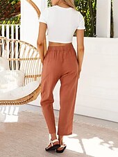 baratos Calça de linho de algodão simples-Mulheres Calças de linho de algodão Calças Leve Casual Mimolet Cintura Média Tecido Bolsos Com Cordão Respirabilidade Confortável Sem Elasticidade Casual / Diário Final de semana Azul de céu claro