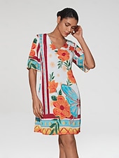 economico Abiti floreali-mini abito da donna con stampa floreale, scollo a V, manica corta, vestito estivo con motivo floreale arancione, casual, abbigliamento da spiaggia, stile elegante