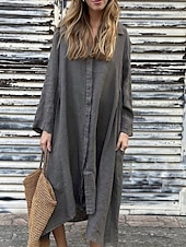 preiswerte Kleider aus Baumwolle und Leinen entwerfen-Damen Maxikleid Baumwoll-Leinen-Kleider Hemdblusenkleid Freizeitkleid Maxikleid aus Baumwolle Basic Lässig Urlaub Täglich Normale Passform Einfach Langarm Hemdkragen Dunkelgrün Aprikose Grau Sommer