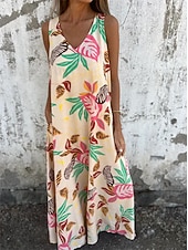 ieftine Rochii de Vacanță-Pentru femei Rochii Midi Rochie casual Rochie A line Stilat Casual Vacanță Zilnic Plajă Fit regulat Floral Frunză Fără manșon În V Albastru Închis Caisă Bej Vară