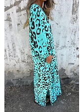 levne Tisknout květinové šaty-Dámské Maxi šaty Volnočasové šaty Boho Chic šaty Čechy Na běžné nošení Cikánský Dovolená Denní Plážové Volný Leopard 3/4 délka rukávu Do V Vodní modrá Trávová zelená Léto Jaro
