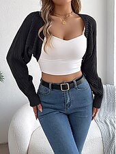 preiswerte Strickjacken und Oberbekleidung-Damen Strickjacke Pullover mit Zopfmuster Strassenmode Täglich Stilvoll Einfarbig Grobstricken Gehäkelt Öffnung vorne Ausgehöhlt Strick Raglanärmel Laternenärmel Langarm Crop Tops Stricken Heim Party
