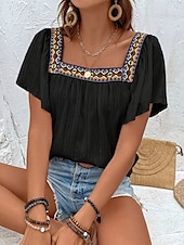 abordables Hauts de Vacances pour Femmes-Femme Chemise Chemisier Couleur unie mode Décontractées Manche Courte Col Carré Hauts réguliers du quotidien A Volants Patchwork Brodée Noir Blanche Eté Printemps