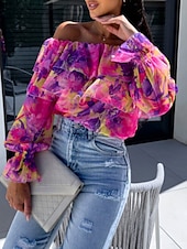 economico Top Grafici da Donna-Per donna Camicia Blusa Floreale A foglia Moda Informale Manica lunga Senza spalline Top regolari Giornaliero Con balze Stampa Giallo Rosa Viola Verde Estate Primavera