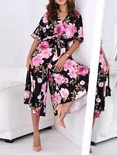 abordables mono de vacaciones-Mujer Normal Mono Activo Floral Media Manga Escote en Pico Alta cintura Vacaciones Diario Ajuste regular Negro Verano