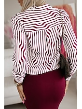 cheap Women&#039;s Tops-Blouse Women&#039;s Wine Khaki Stripes Buttons Printing Daily Elegant V Neck Regular Fit S