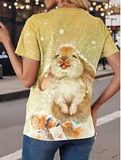 abordables T-shirt de Pâques-Pâques Femme T shirt Animal mode Décontractées Manche Courte Col V Hauts réguliers du quotidien Imprimer Jaune Eté Printemps