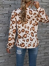 billige Kvinne Grafiske Topper-Dame T skjorte Leopard Mote Moderne Fritid Langermet V-hals Vanlige topper Daglig Helg Hvit Rosa Blå Brun Vår Høst