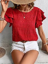 cheap Work Tops-Women&#039;s Blouse Solid Color Elegant Daily Stylish Short Sleeve Crew Neck Regular Tops Daily Holiday Going out Ruffle Patchwork Sage Green Red Navy Blue Purple Green Summer Spring
