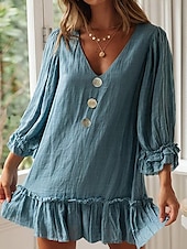 preiswerte Kleider-Damen Minikleid Leinen-inspirierte Kleider Freizeitkleid Baumwoll-Leinenkleid Stilvoll Lässig Urlaub Täglich Date Normale Passform Einfach Langarm V Ausschnitt Schwarz Beige Leicht Blau Sommer