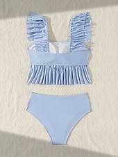billige Bikinisett-Dame Badetøy Bikini 2 stk Underbukser Badedrakt Åpen rygg Tynn Høy midje Ferie Strand Klær Stripe Ermeløs Badedrakter
