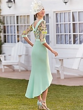 abordables Longueur du thé-Robe mère de la mariée florale formelle en dentelle brodée verte et rose robe élégante vintage col bijou asymétrique longueur thé tissu extensible demi-manches robe de course