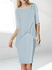 preiswerte Teelänge-Strandhochzeit Etuikleid Mutter der Braut Kleid Hochzeitsgast Eleganter Juwelenausschnitt Teelänge Chiffon halblangärmelig mit Perlen-Raffung