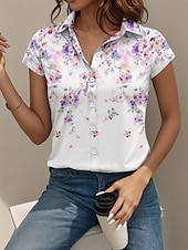 ieftine Topuri florale-Pentru femei Cămașă Floral Grafic Zilnic Manșon scurt Beretă Guler Cămașă Topuri lungi Zilnic Mov Vară Primăvară